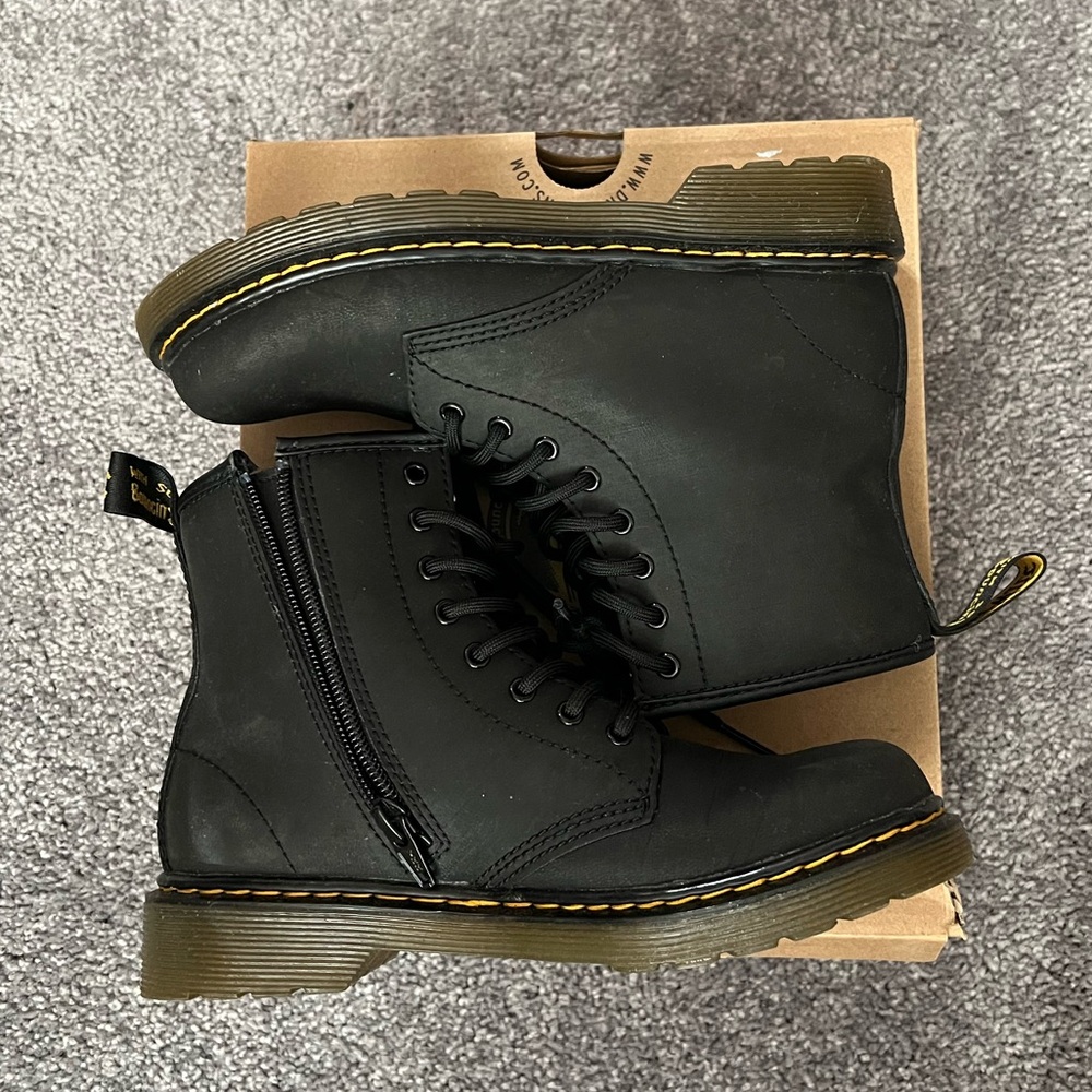 Dr. Martens Black Leather Men's Boots with Yellow Stitching